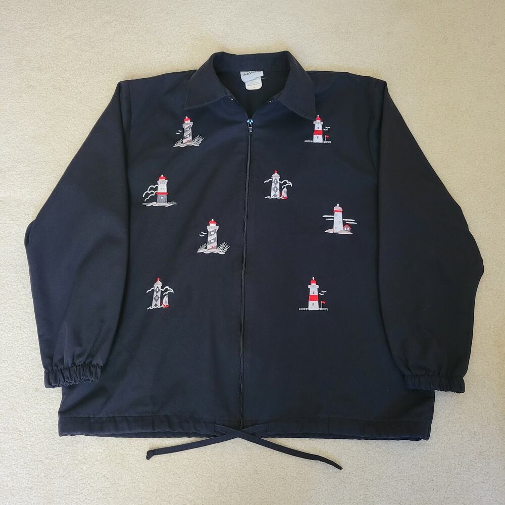 Vintage Bon Worth M Nautical Embroidered Lighthouses Unlined Zip Front Jacket
